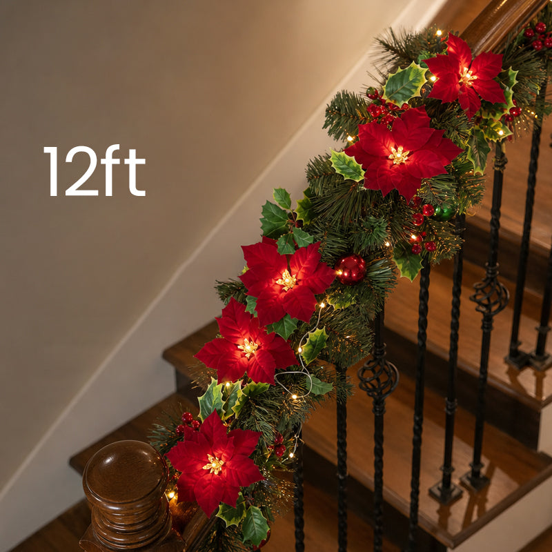 😍 🎄 Julestjerne-lysslynge – 2 m varm LED-slynge med røde blomster og kristtjørnblade