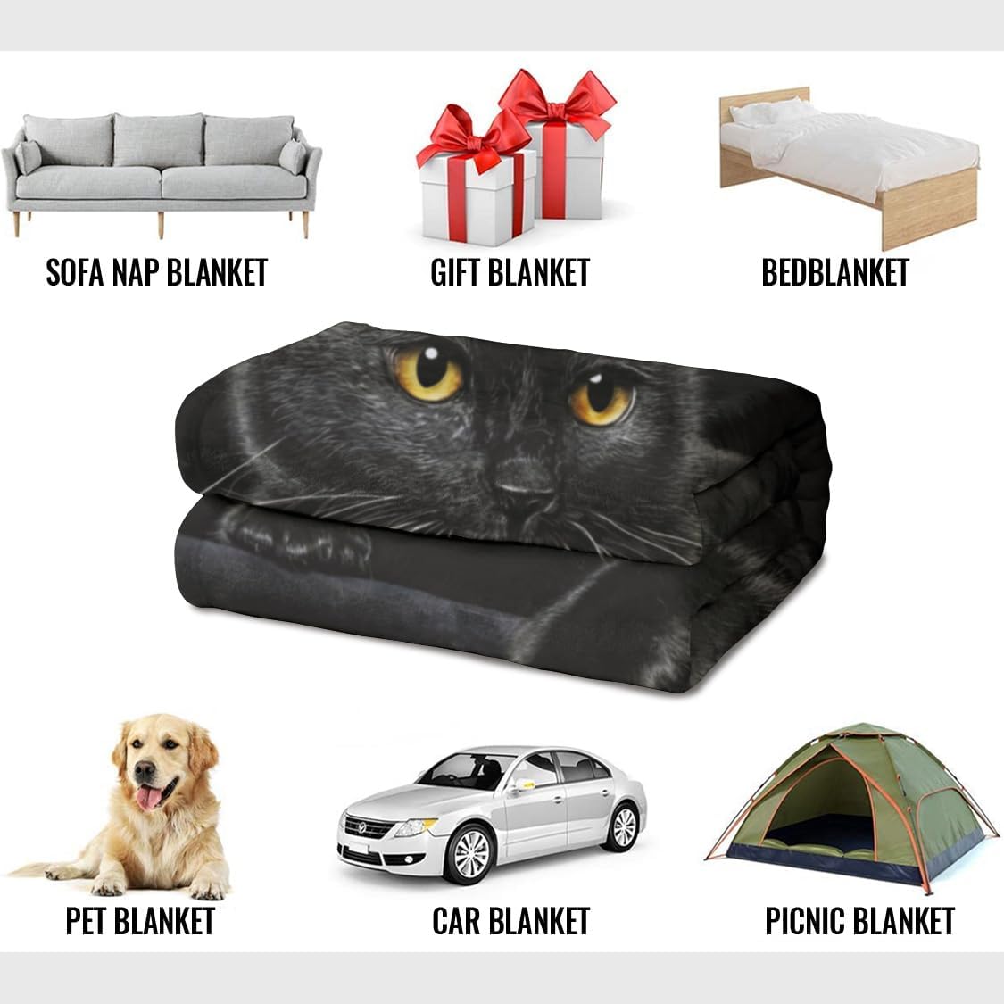 Söpö musta kissakuvioinen flanellipeitto