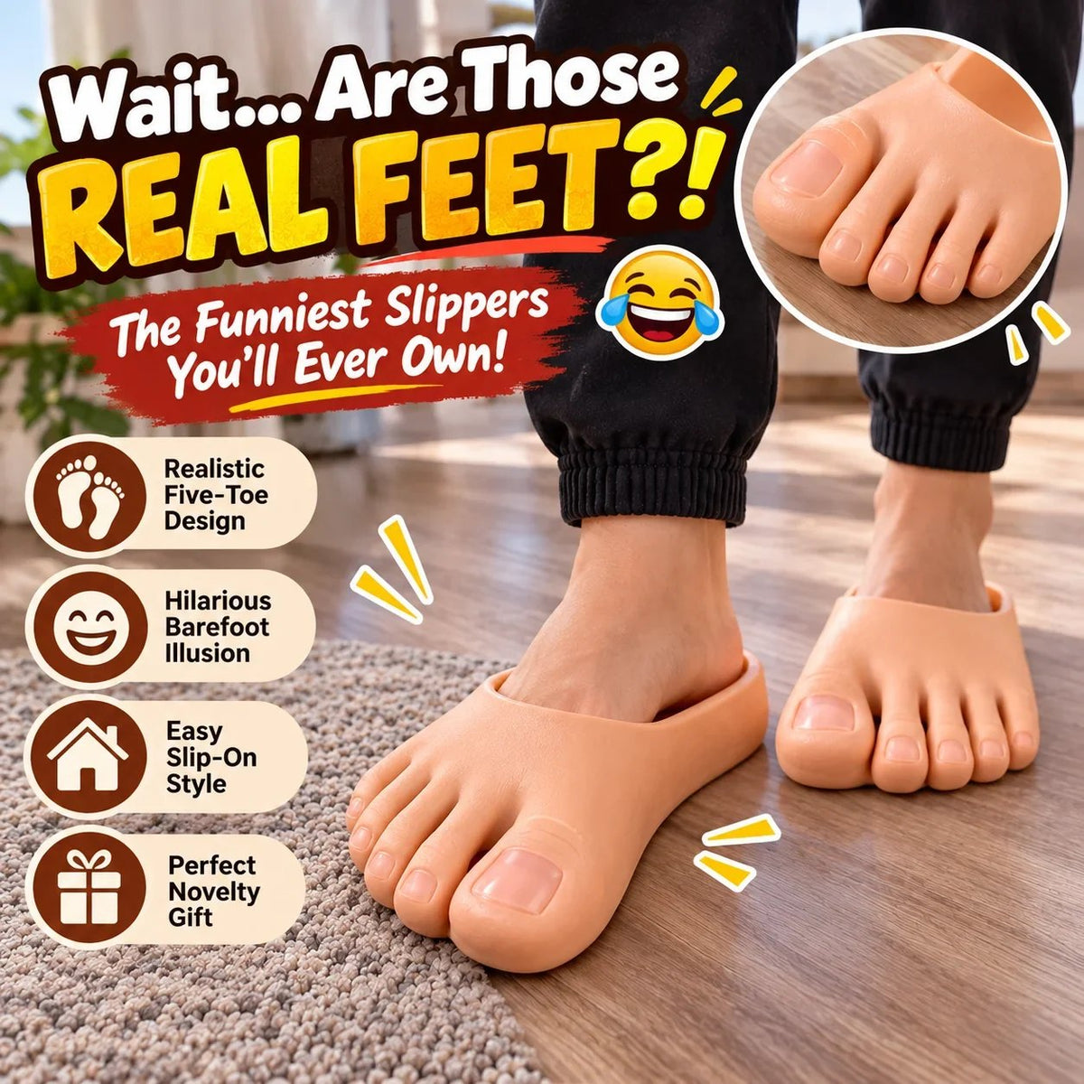 😂 Realistiske barfodsslippers – sjove hjemmesko med kæmpestore tæer. Den perfekte gag-gave! 👣🎁