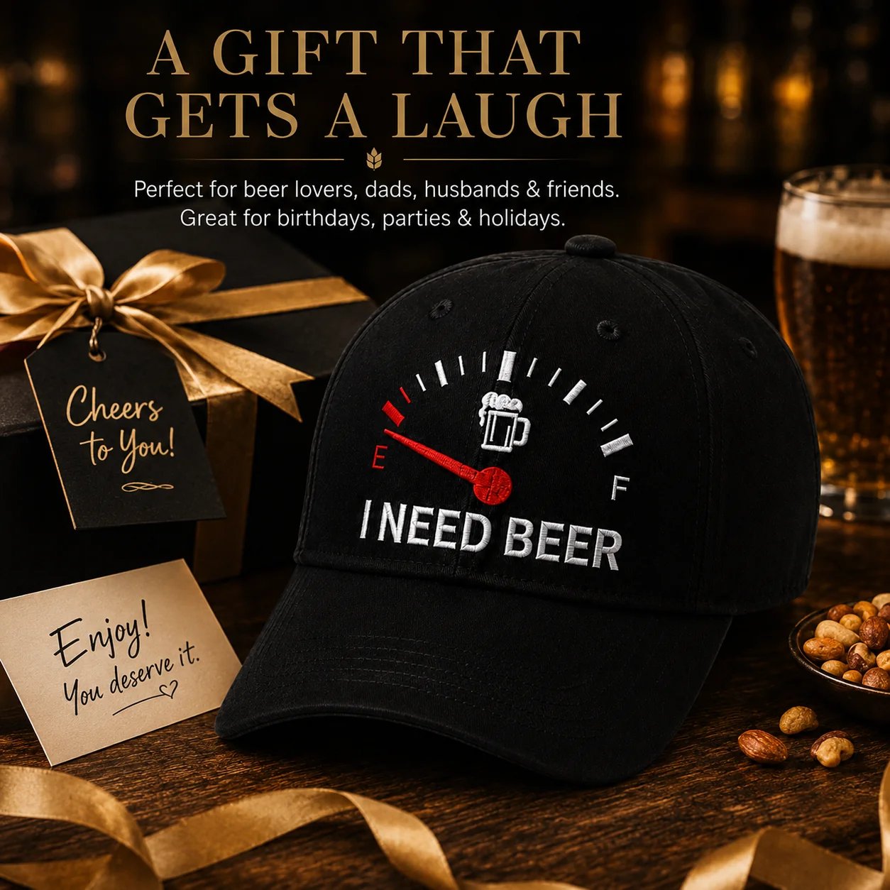 🔥 SIDSTE DAG MED 50% RABAT - 🍺 'I NEED BEER' broderet baseballkasket – Unisex mindekasket 🧢