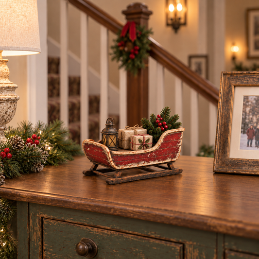 🛷🎄 Vintage Julekane Borddekoration — Eventyrlig Juleaftensscene med Gaver, Gran & Lanterne ✨