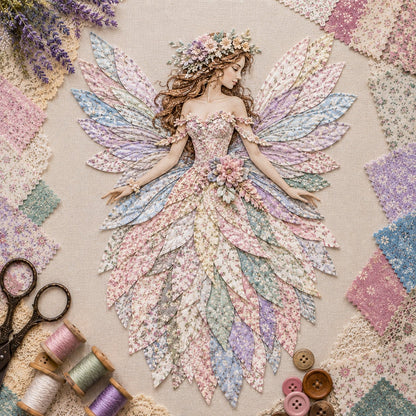 🧚‍♀️🌸 Premium-gør-det-selv-sæt »Fairy Patchwork« | Lagdelt stof i høj kvalitet med blomsterformede vinger – håndlavet fantasivægdekoration, du selv kan lave ✨
