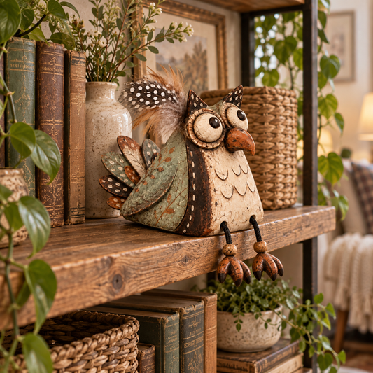 🦉 Rustik ugle hyldepynt med dinglende ben 🍂