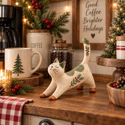 🐈🎄 Woodland Christmas Cat Figurine — en hyggelig lille skovven til dit julehjem