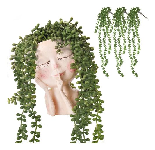 🌵 3 stk. Kunstige Hængende Sukulenter (Perlesnor/Tårer) med Kreativ Dukke-Vase 🌟