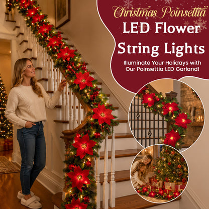 😍 🎄 Julestjerne-lysslynge – 2 m varm LED-slynge med røde blomster og kristtjørnblade