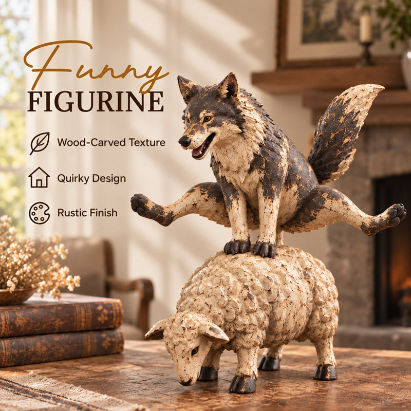 🐺Sjov ulv på får figur🐑 | Rustik gårdhave-dyr statue