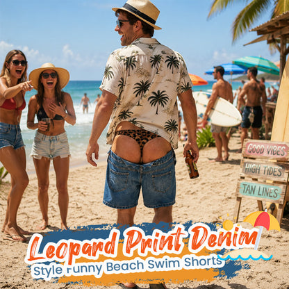 Leopard Print Denim Funny Beach Swim Trunks