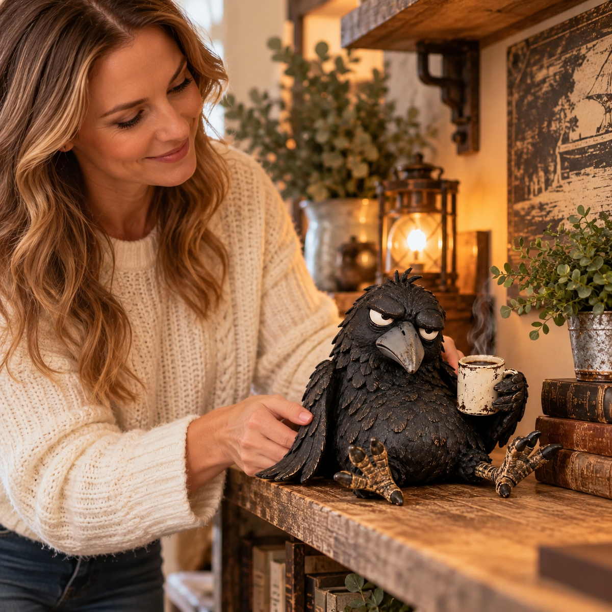 Grumpy Coffee Raven Figur – “Not Yet” Sjov Morgendekoration