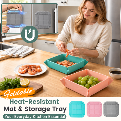 🍽️ Foldbar varmebestandig måtte & opbevaringsbakke — 2-i-1 bordskåner og snackbakke med magnetisk opbevaring 🧲