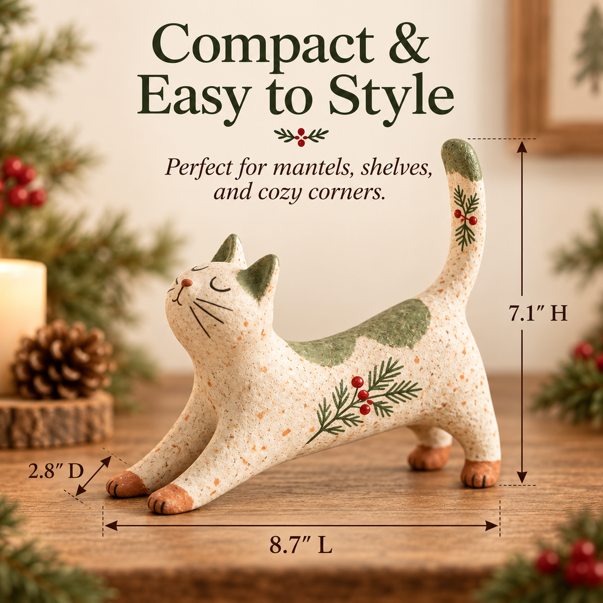 🐈🎄 Woodland Christmas Cat Figurine — en hyggelig lille skovven til dit julehjem