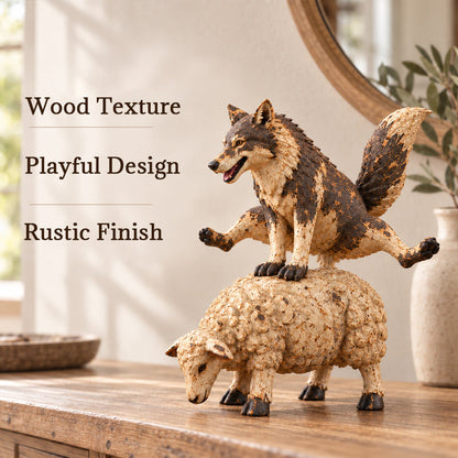 🐺Sjov ulv på får figur🐑 | Rustik gårdhave-dyr statue