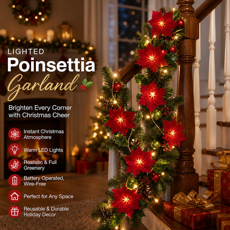 😍 🎄 Julestjerne-lysslynge – 2 m varm LED-slynge med røde blomster og kristtjørnblade