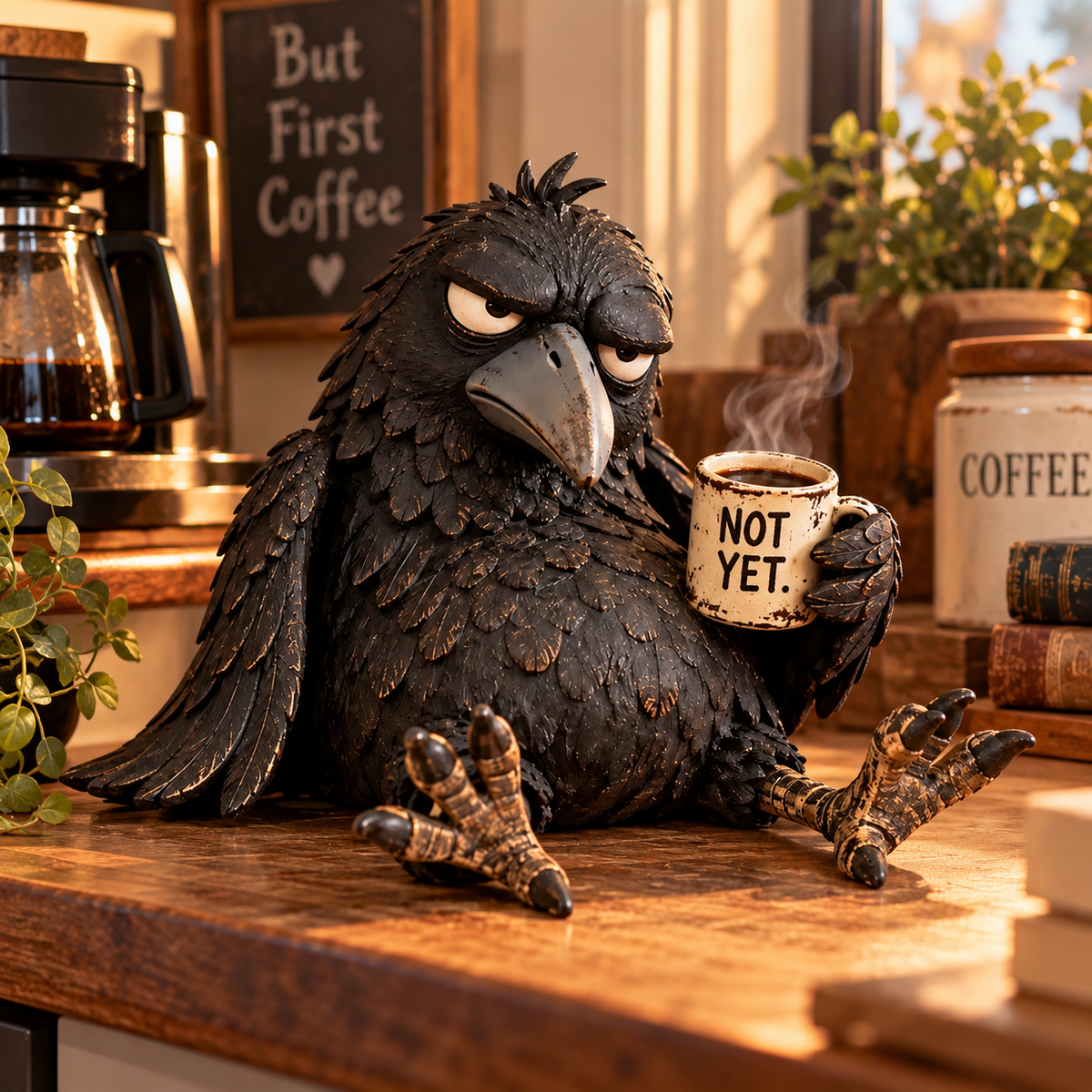 Grumpy Coffee Raven Figur – “Not Yet” Sjov Morgendekoration