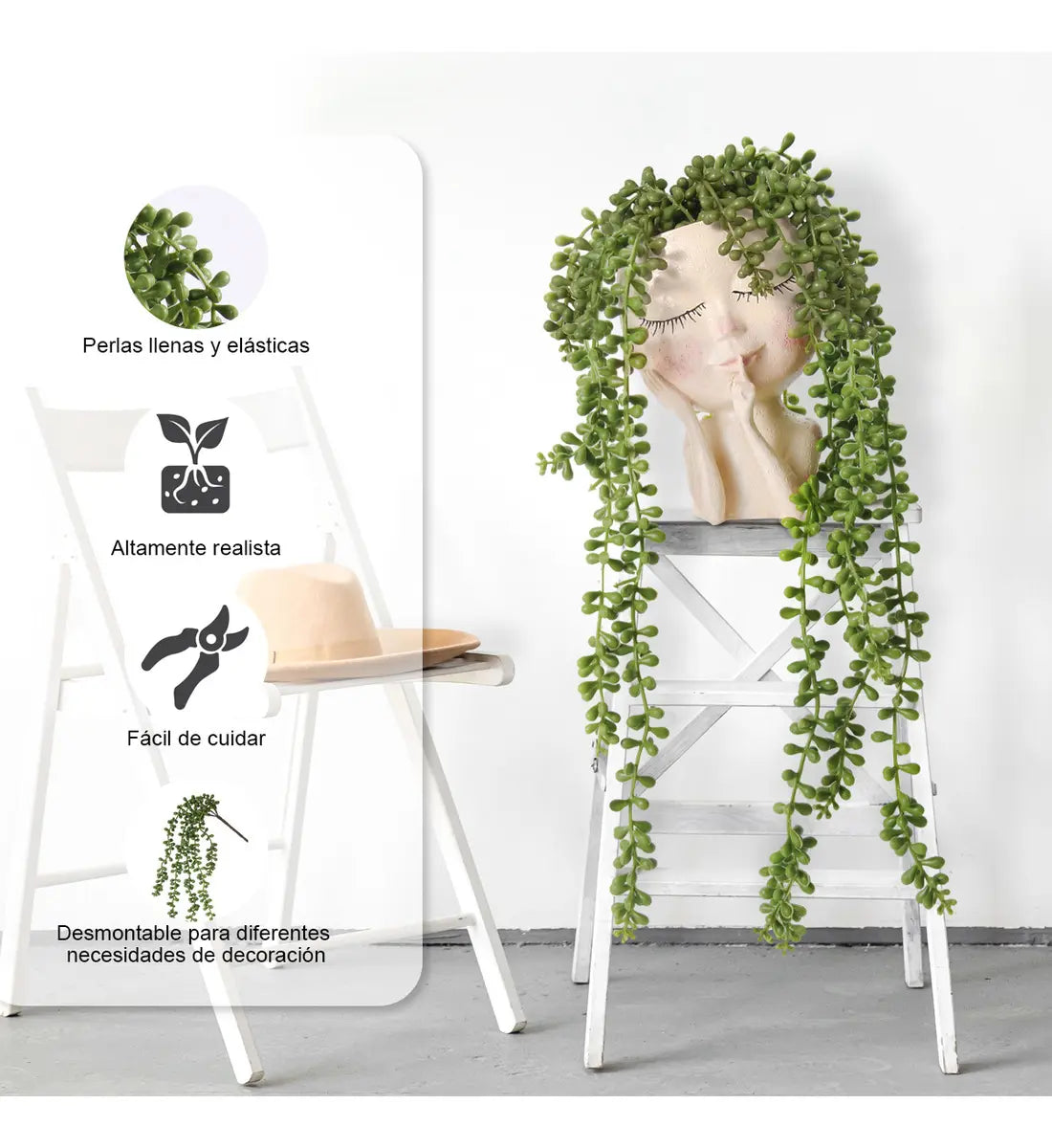 🌵 3 stk. Kunstige Hængende Sukulenter (Perlesnor/Tårer) med Kreativ Dukke-Vase 🌟