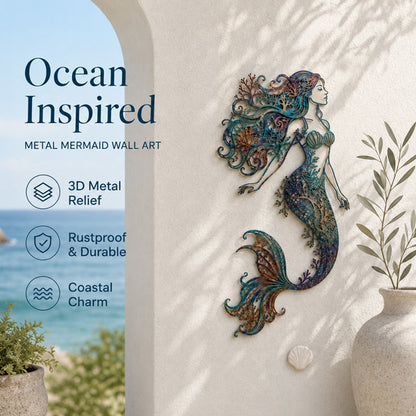 🧜‘Deep Sea Mermaid Dream’ Mural – 🌊Vintage Ocean-themed Metal Openwork Wall Decoration