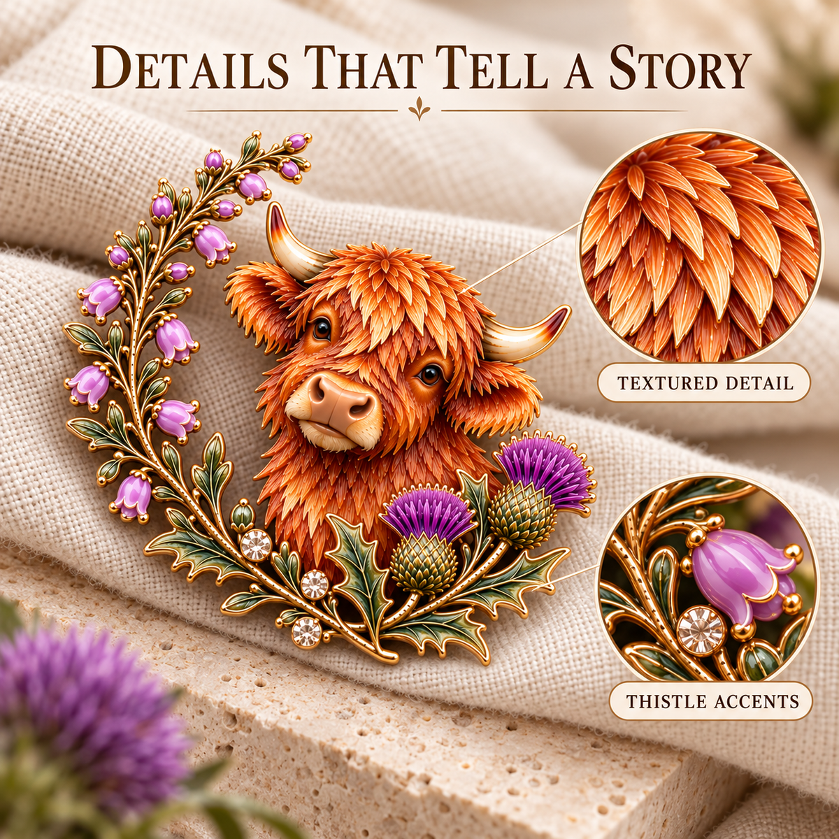 🐮 Highland Cow & Thistle 🏴󠁧󠁢󠁳󠁣󠁴󠁿 Skotsk Arv Emalje-Broche