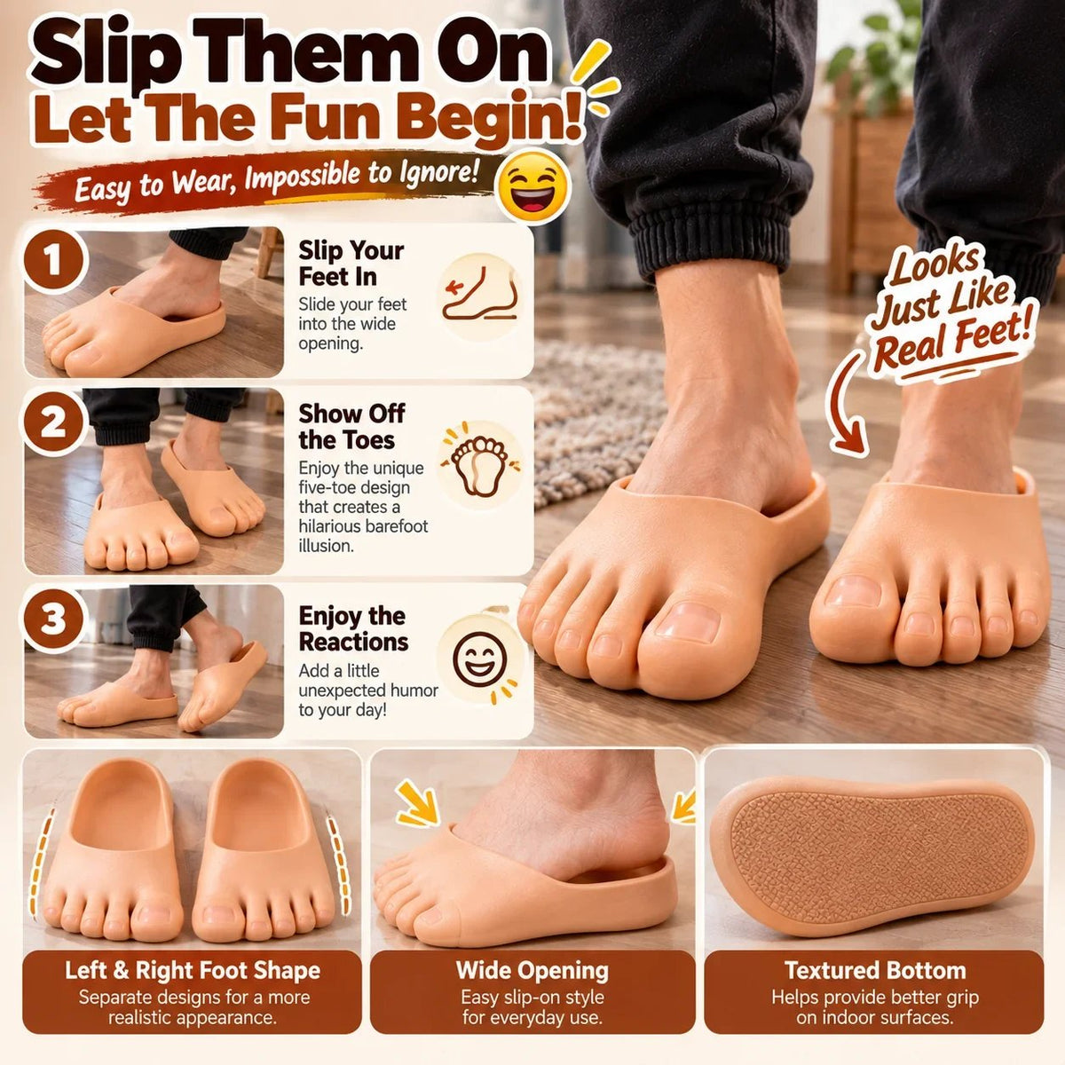 😂 Realistiske barfodsslippers – sjove hjemmesko med kæmpestore tæer. Den perfekte gag-gave! 👣🎁
