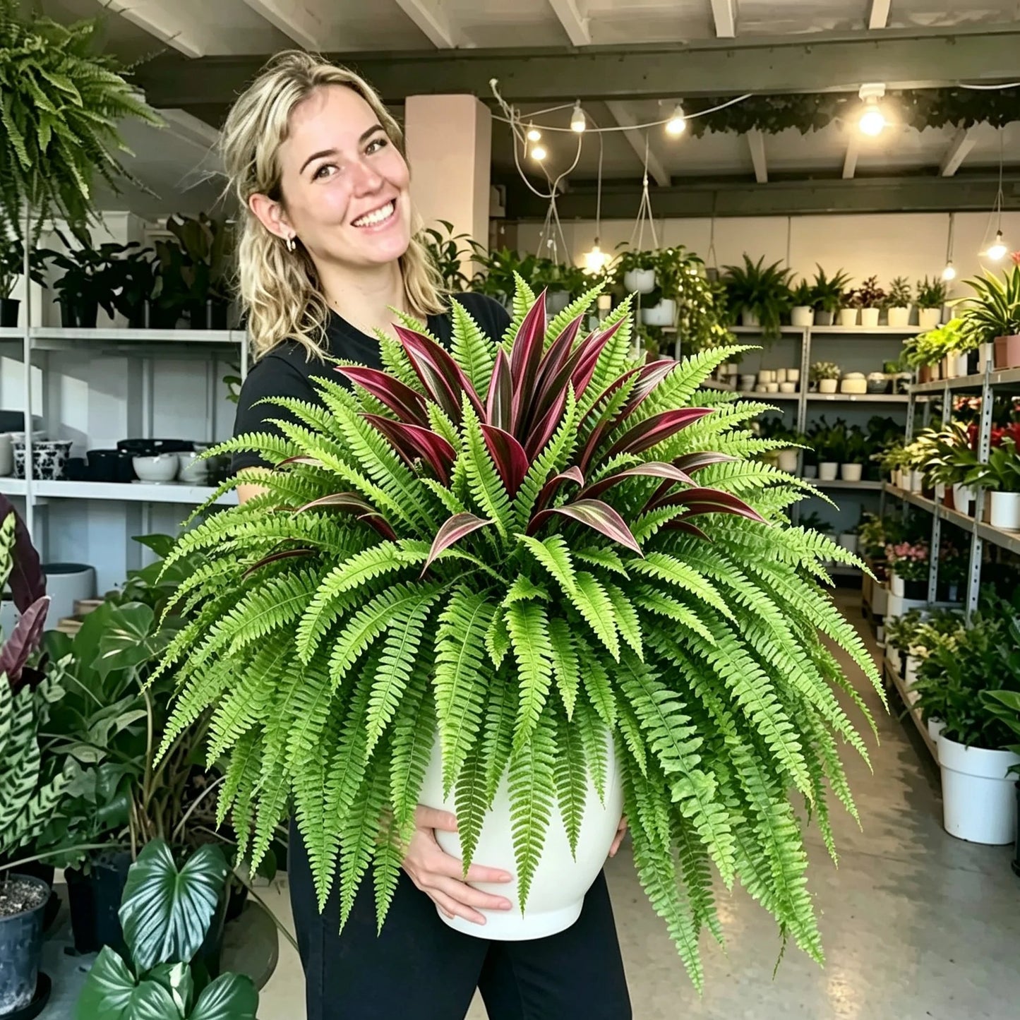💥Sommertilbud🔥UV-resistente kunstige bregner & røde dracaena-planter – Fyldige, frodige & falmebestandige!
