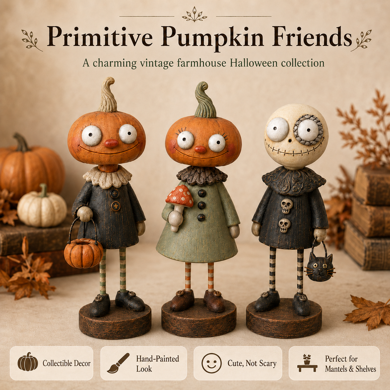 🎃 Rustikke Græskarvenner – Vintage Halloween Figurkollektion
