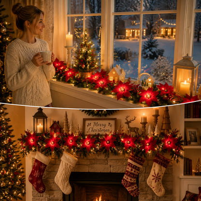 😍 🎄 Julestjerne-lysslynge – 2 m varm LED-slynge med røde blomster og kristtjørnblade