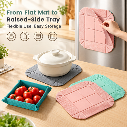 🍽️ Foldbar varmebestandig måtte & opbevaringsbakke — 2-i-1 bordskåner og snackbakke med magnetisk opbevaring 🧲