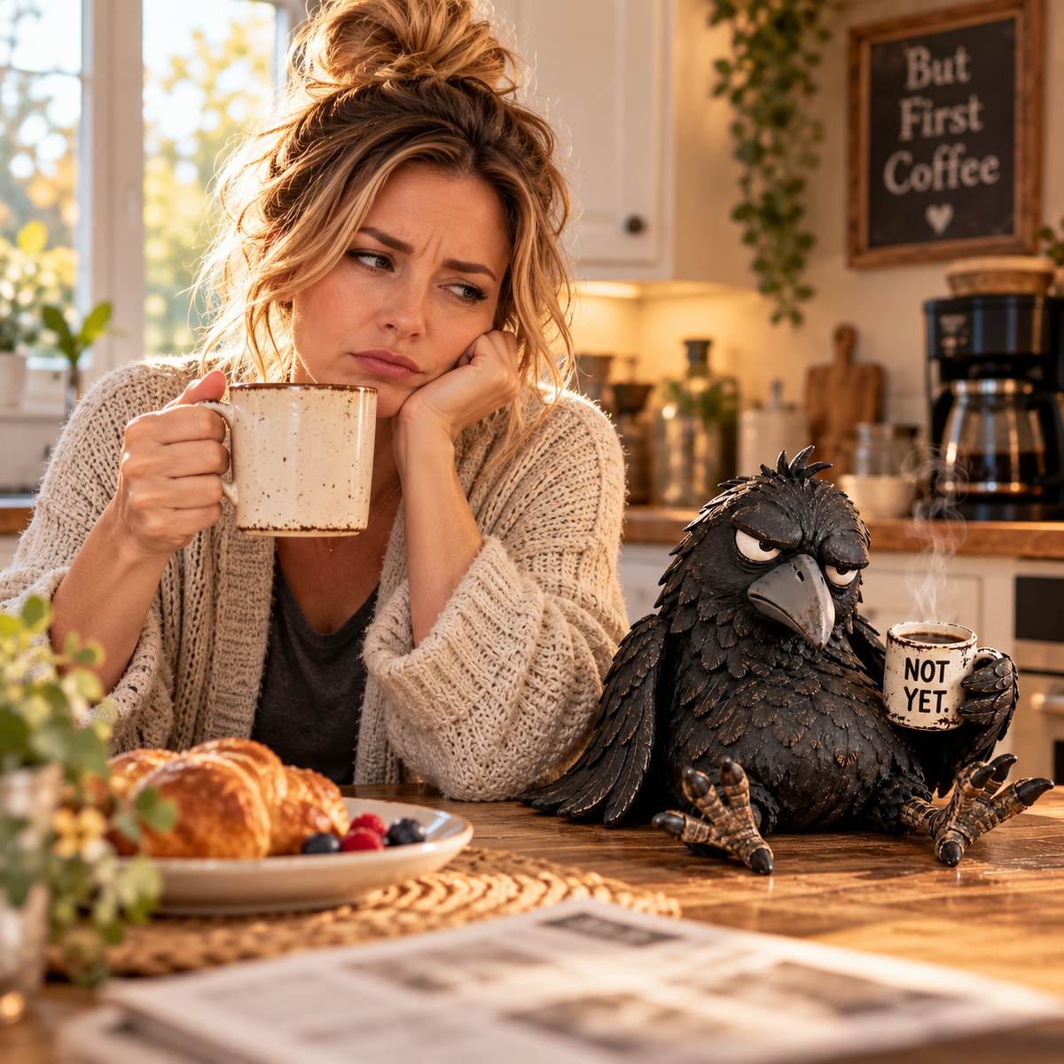 Grumpy Coffee Raven Figur – “Not Yet” Sjov Morgendekoration