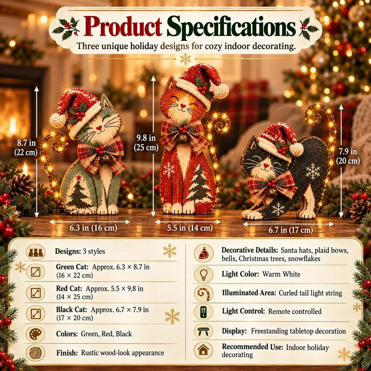 🎄 Vintage julekatte med LED-lys – 3 designs