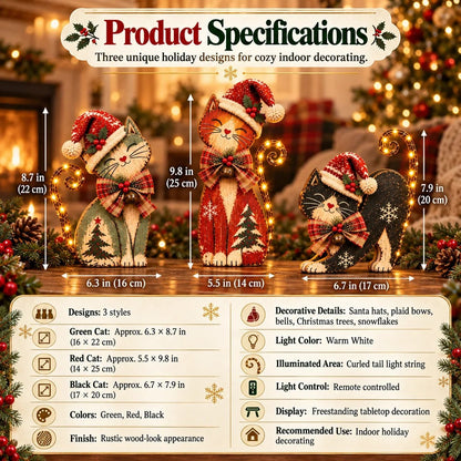 🎄 Vintage julekatte med LED-lys – 3 designs