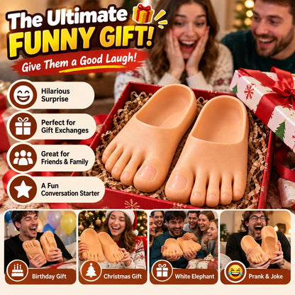 😂 Realistiske barfodsslippers – sjove hjemmesko med kæmpestore tæer. Den perfekte gag-gave! 👣🎁
