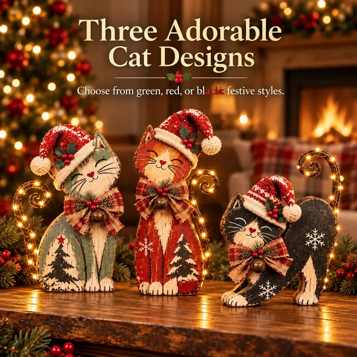 🎄 Vintage julekatte med LED-lys – 3 designs