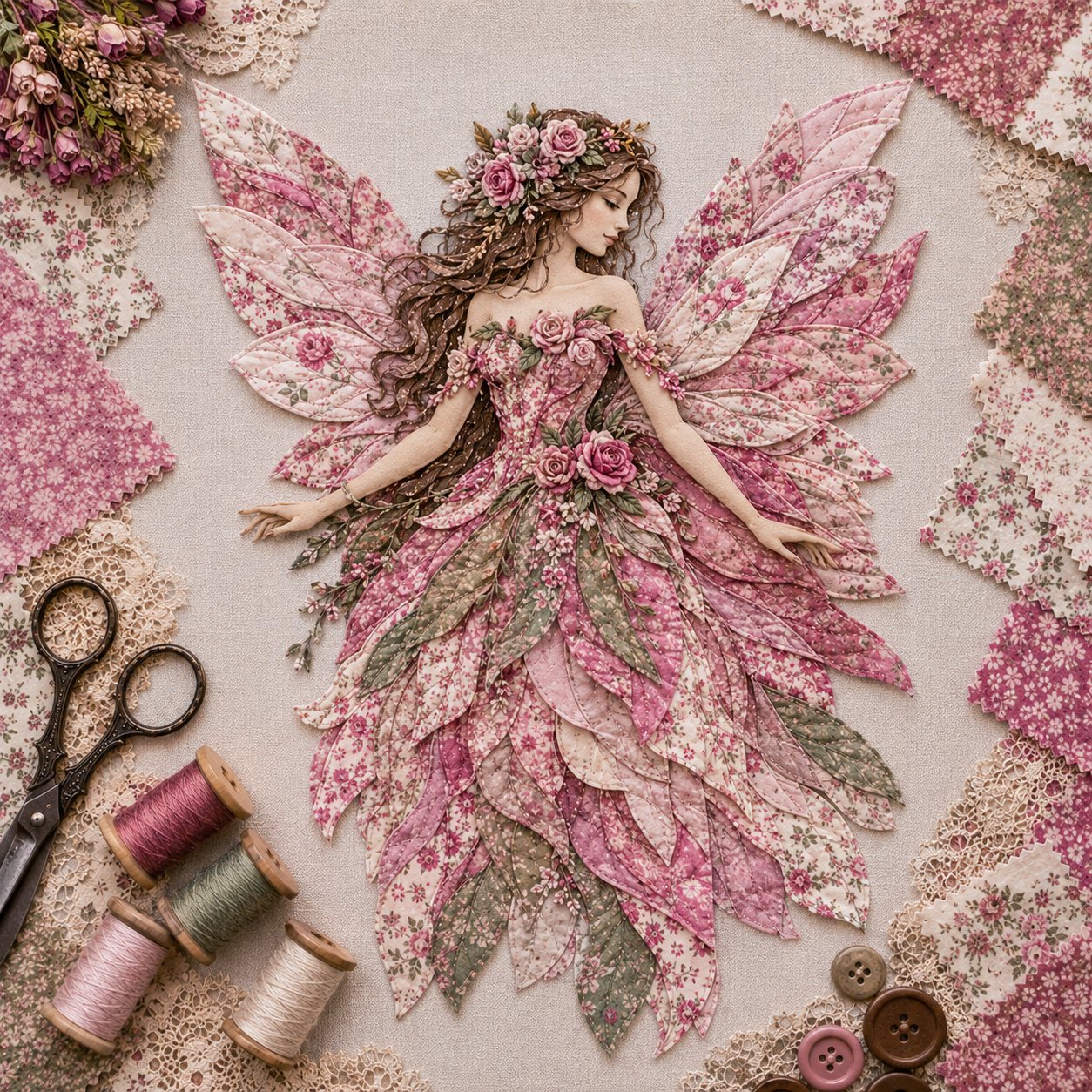 🧚‍♀️🌸 Premium-gør-det-selv-sæt »Fairy Patchwork« | Lagdelt stof i høj kvalitet med blomsterformede vinger – håndlavet fantasivægdekoration, du selv kan lave ✨