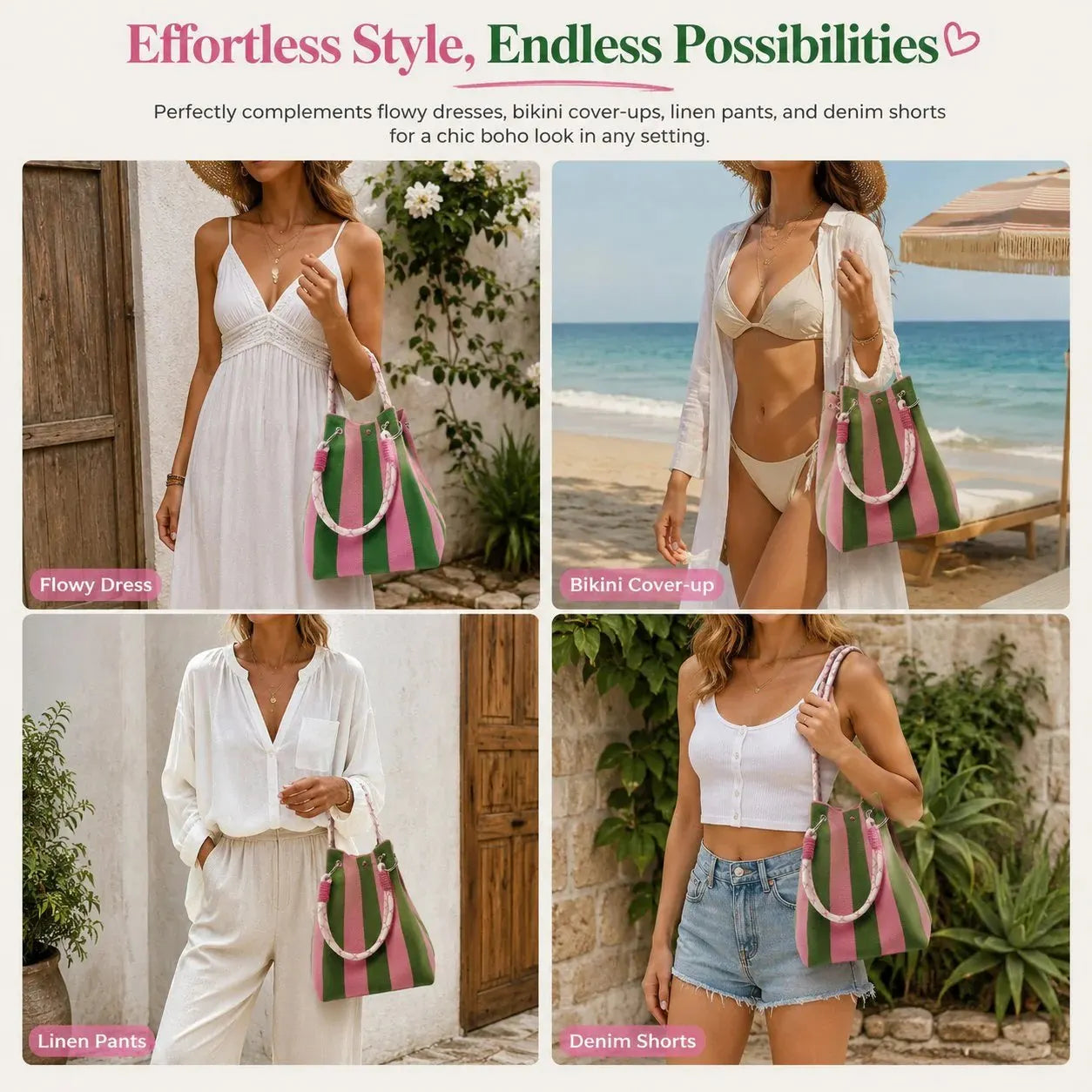 🏆👜 Tilbud i en begrænset periode: 50% RABAT 🌴 Boho Stribet Strikket Bøttehåndtaske til Kvinder – Håndlavet Sommer Strand Skuldertaske