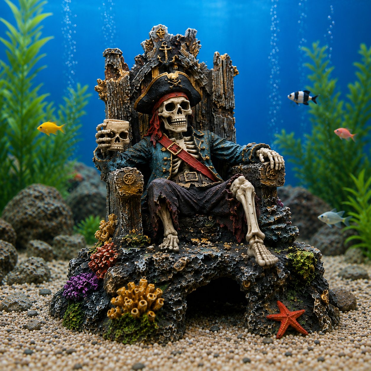 🌊☠️Undervands Piratskelet Trone Akvarium Skjulested Hule Dekoration