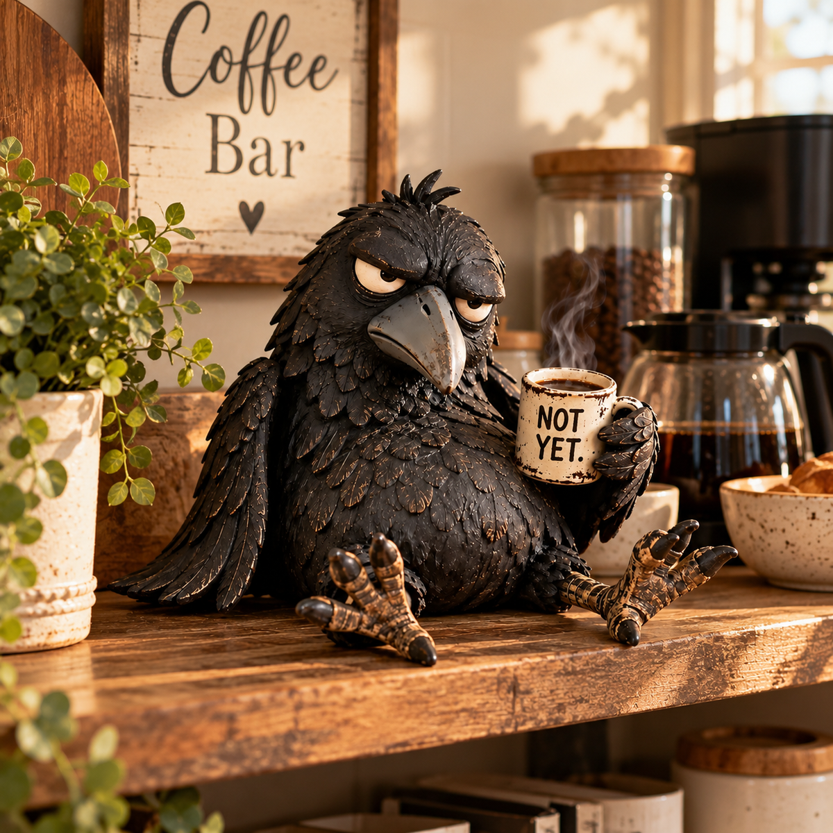 Grumpy Coffee Raven Figur – “Not Yet” Sjov Morgendekoration