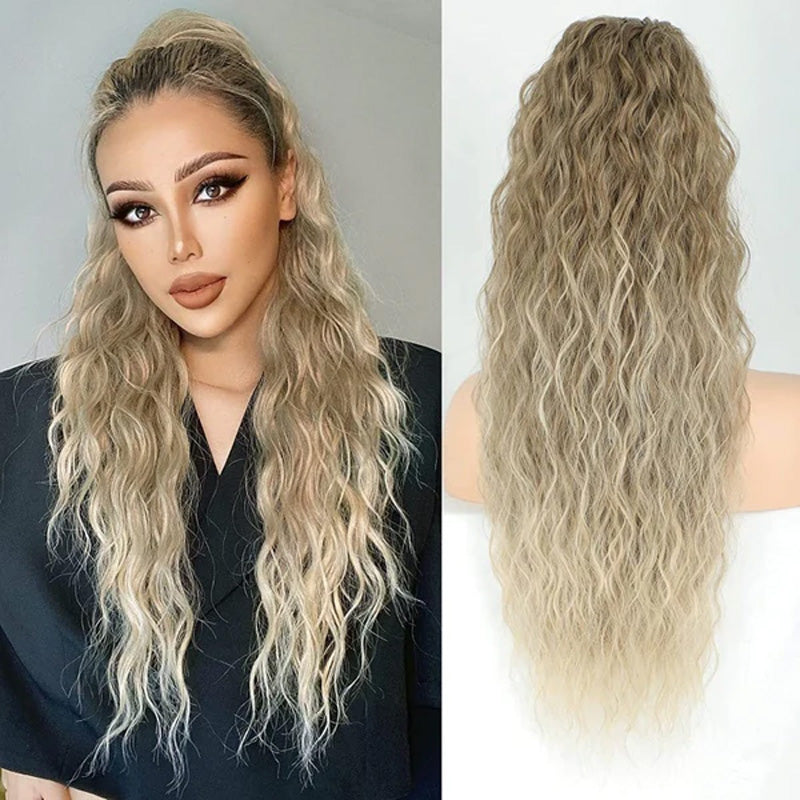 Curly aaltoileva pörröinen hiusten pidennys kanssa poninhäntä