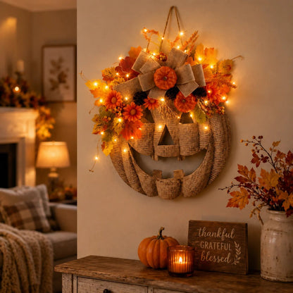 🎃✨ Græskarkrans i hessian med lys