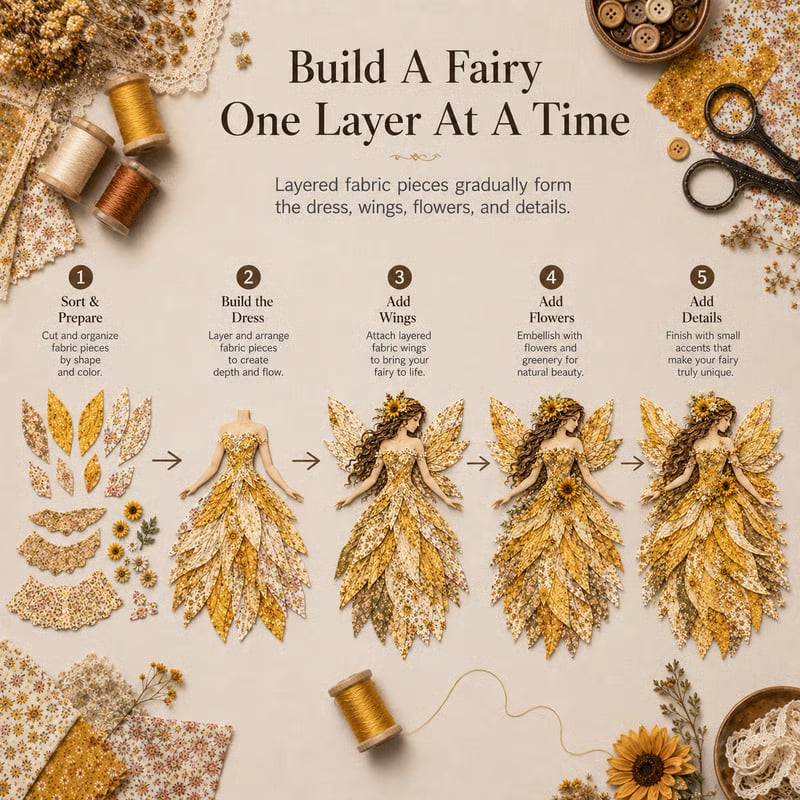 🧚‍♀️🌸 Premium-gør-det-selv-sæt »Fairy Patchwork« | Lagdelt stof i høj kvalitet med blomsterformede vinger – håndlavet fantasivægdekoration, du selv kan lave ✨