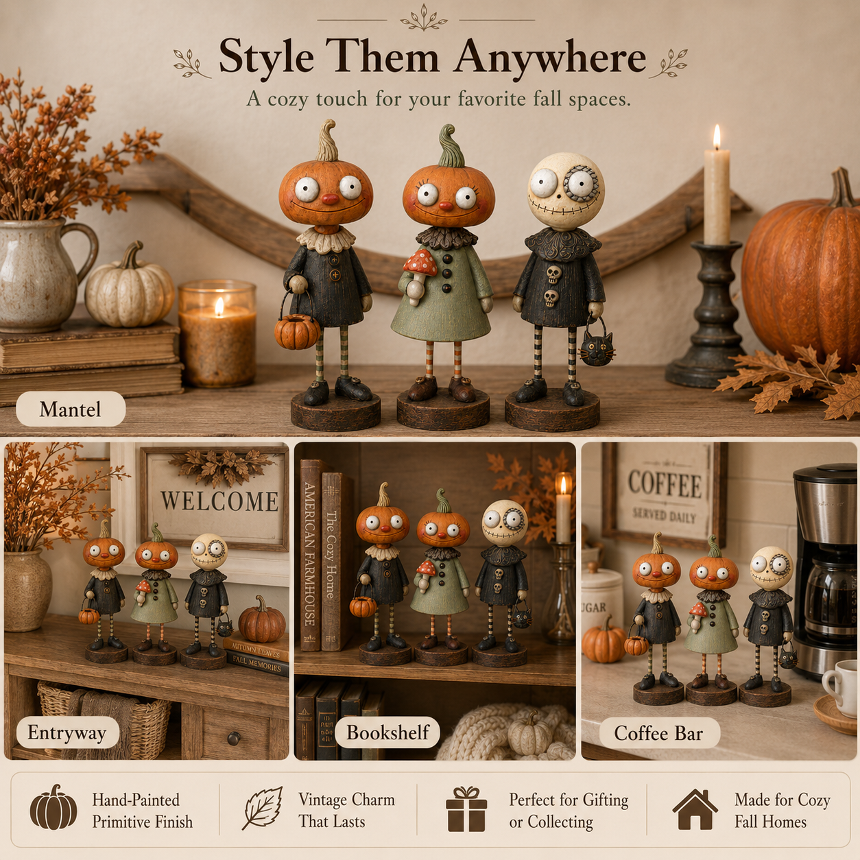 🎃 Rustikke Græskarvenner – Vintage Halloween Figurkollektion