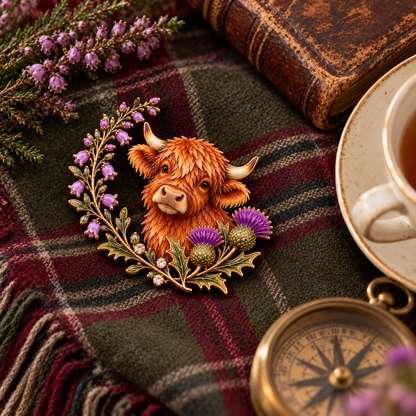 🐮 Highland Cow & Thistle 🏴󠁧󠁢󠁳󠁣󠁴󠁿 Skotsk Arv Emalje-Broche