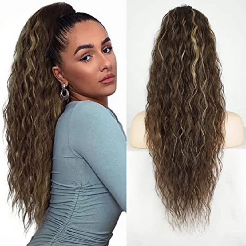 Curly aaltoileva pörröinen hiusten pidennys kanssa poninhäntä