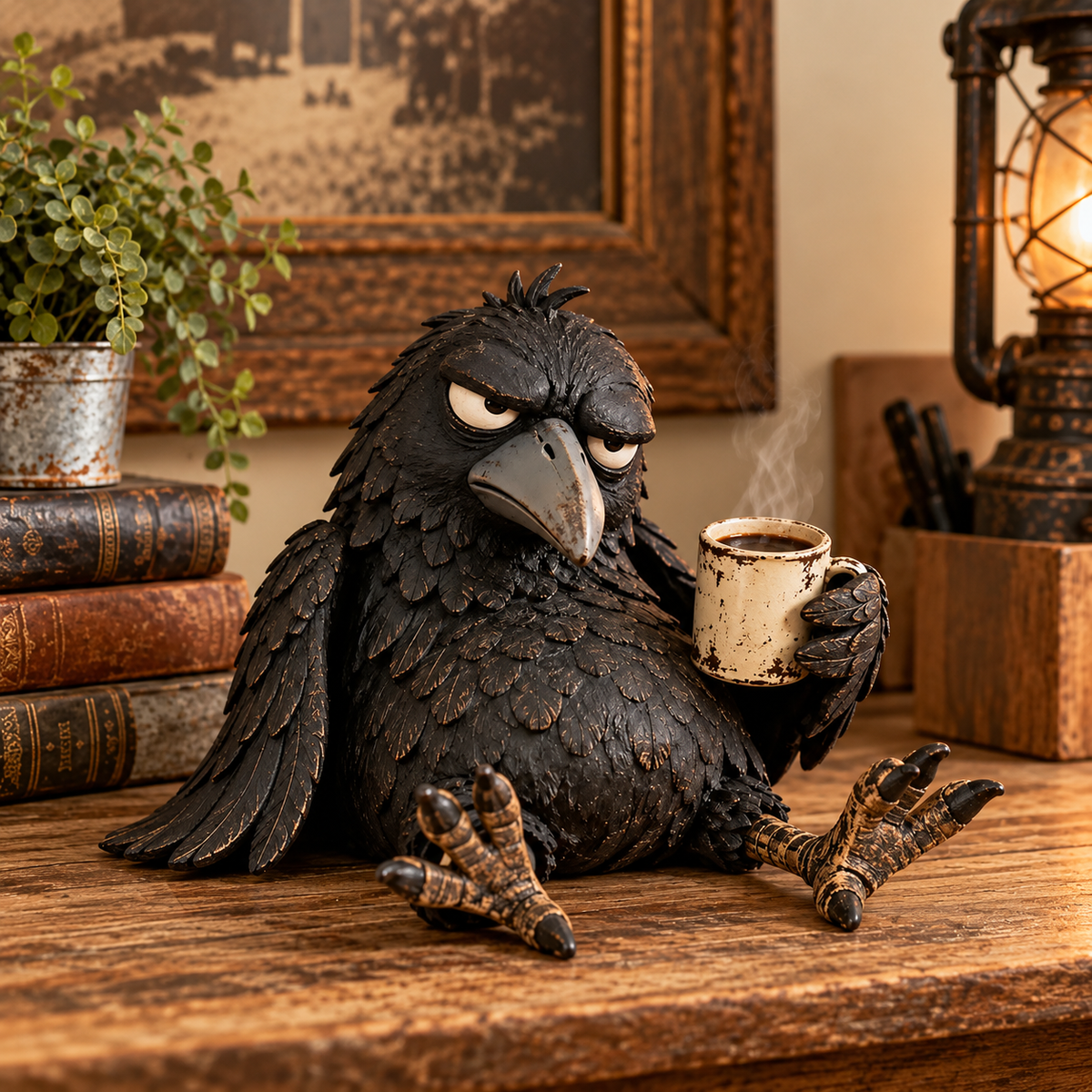 Grumpy Coffee Raven Figur – “Not Yet” Sjov Morgendekoration