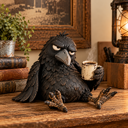 Grumpy Coffee Raven Figur – “Not Yet” Sjov Morgendekoration