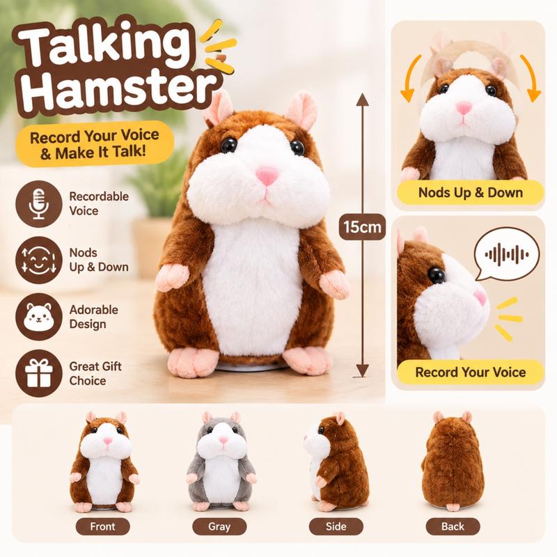 🐹 Talende hamster-kæledyr – gentager lyd & bevæger sig! 3 farver + juleversion (15 cm) ✨🎄