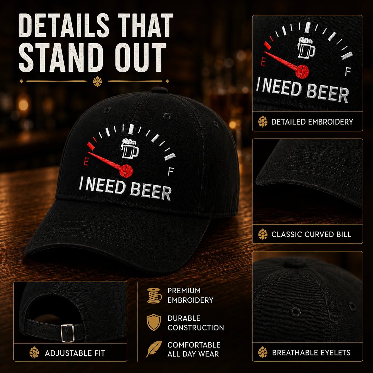 🔥 SIDSTE DAG MED 50% RABAT - 🍺 'I NEED BEER' broderet baseballkasket – Unisex mindekasket 🧢