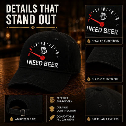 🔥 SIDSTE DAG MED 50% RABAT - 🍺 'I NEED BEER' broderet baseballkasket – Unisex mindekasket 🧢