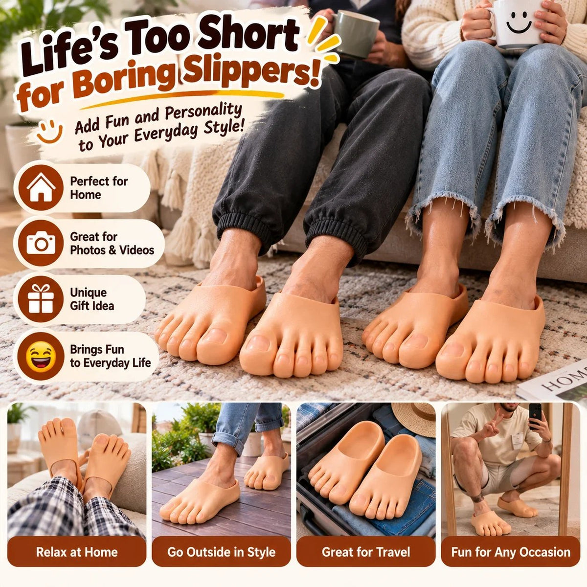 😂 Realistiske barfodsslippers – sjove hjemmesko med kæmpestore tæer. Den perfekte gag-gave! 👣🎁