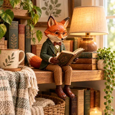 🦊 Læsende ræv figur | Eventyrlig woodland-dekoration til bogelskere