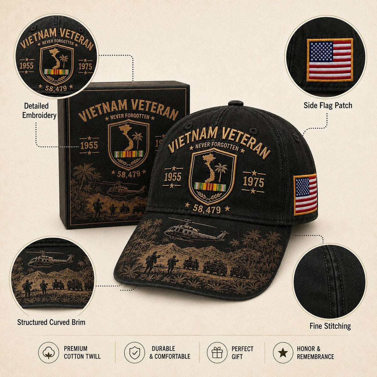 🔥🎖️ Vietnam-veteran Aldrig Glemt 1955–1975 Mindekasket 🇺🇸