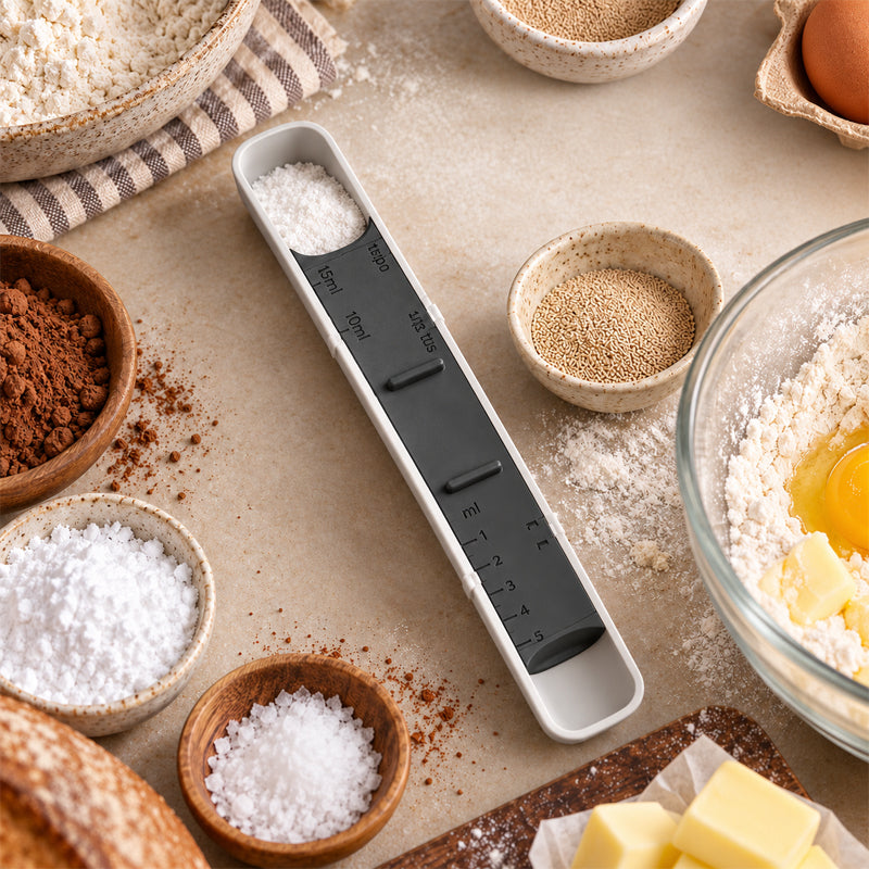 🥄 Justerbar måleske — 12 indstillinger, én ske, tør & flydende ingredienser 🍶